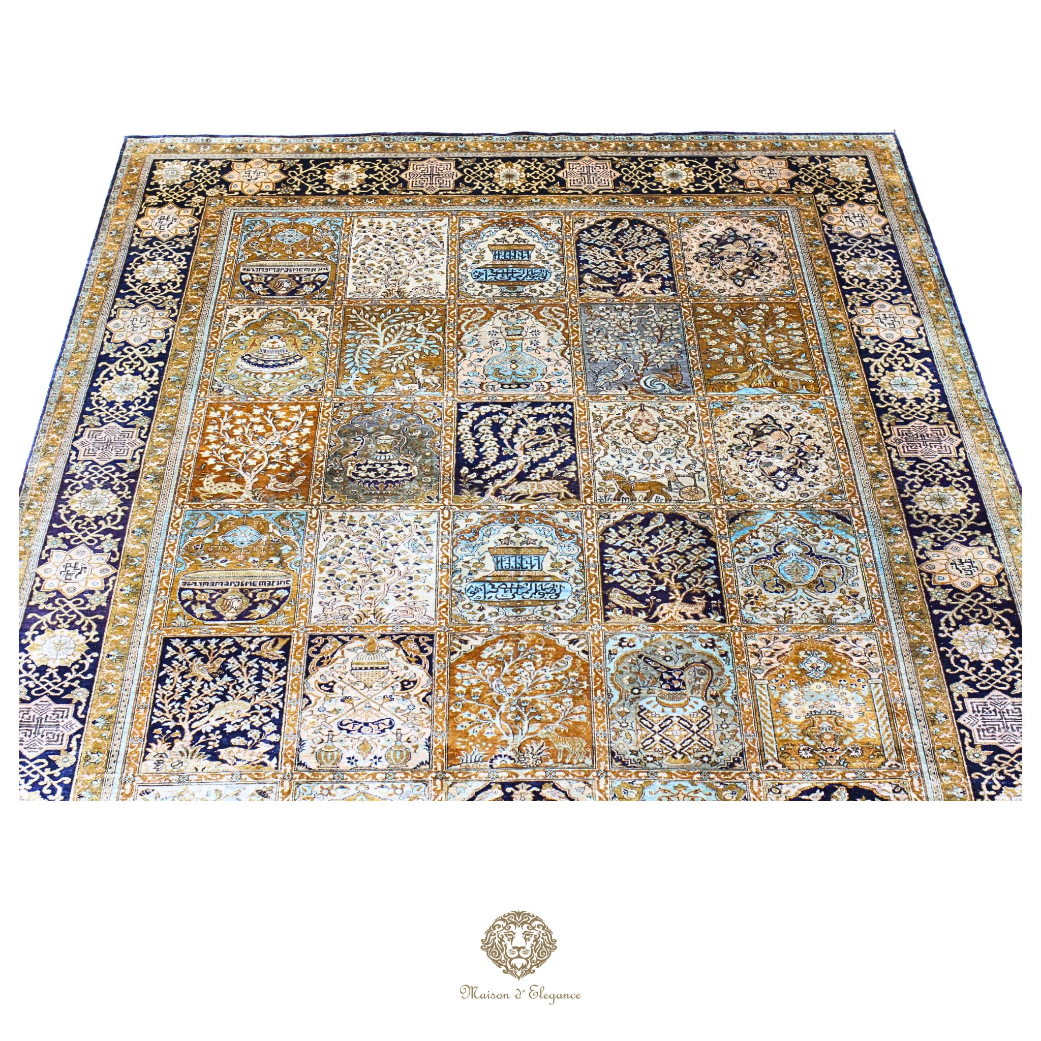 Alfombra persa de seda pura, anudada a mano, teñida con tintes naturales, | obra maestra con diseño floral integral, firmada, 180x300 cm