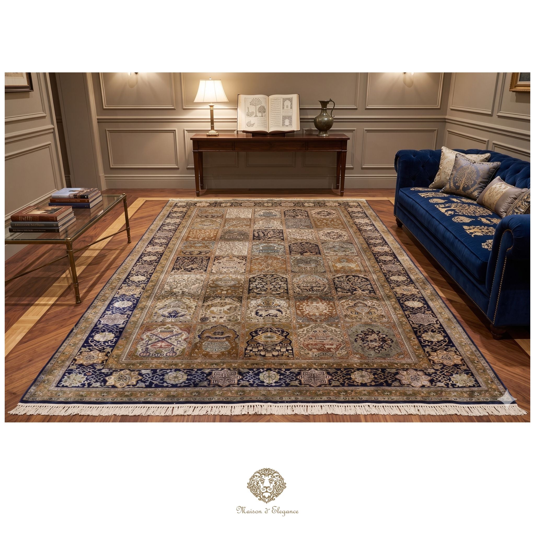 Decorative rug with intricate patterns in a living room setting.