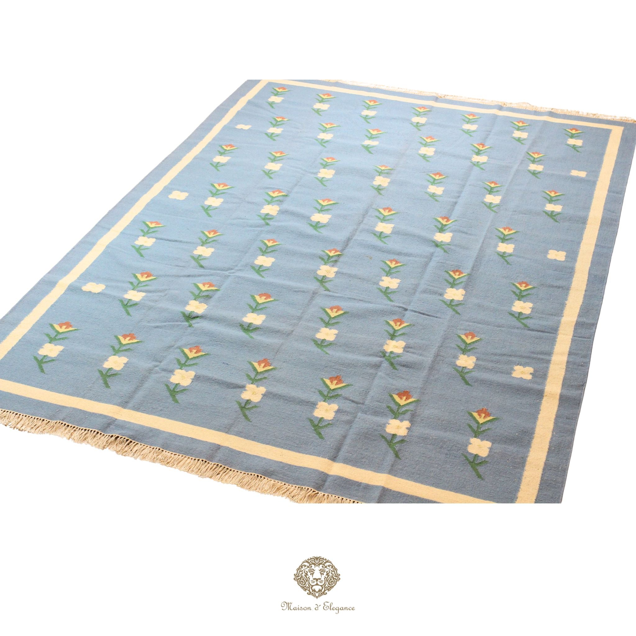 Alfombra Kilim fina, tejido plano, lana color natural | Diseño floral europeo, 252x365 cm