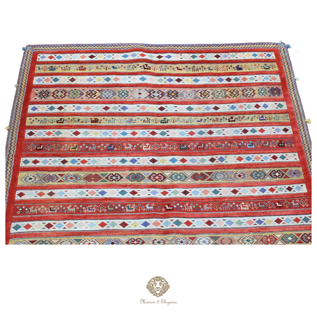 Kilim y alfombra persa Kashkuli de lana con tejido bitécnico | Relieve hecho a mano, color natural, 144 x 200 cm