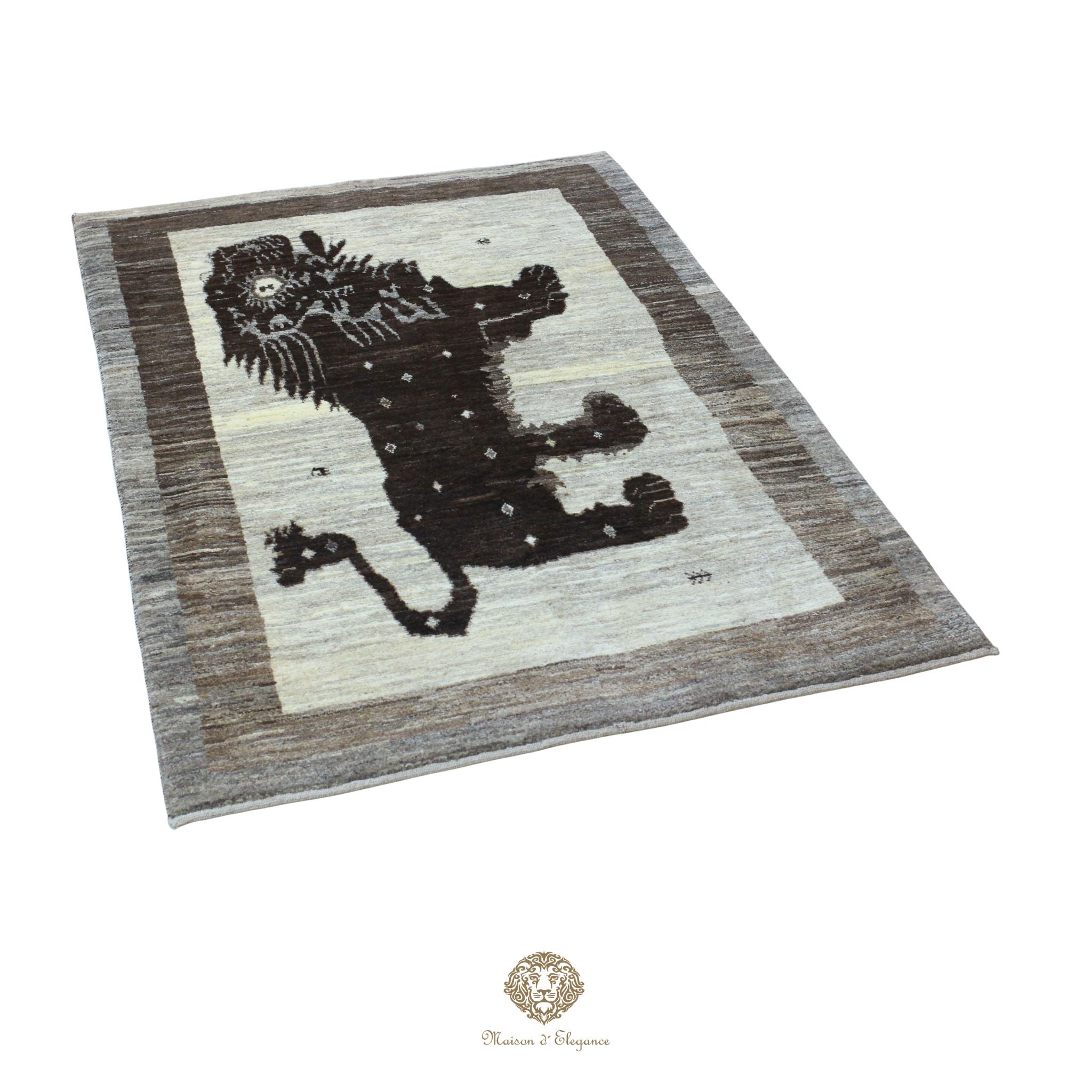 Alfombra persa Yalameh con diseño tribal de león, teñida con tintes naturales | Hecha a mano, 123 x 180 cm