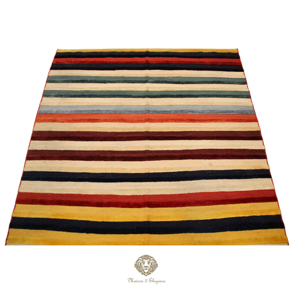 Striped rug with multicolor pattern on a white background