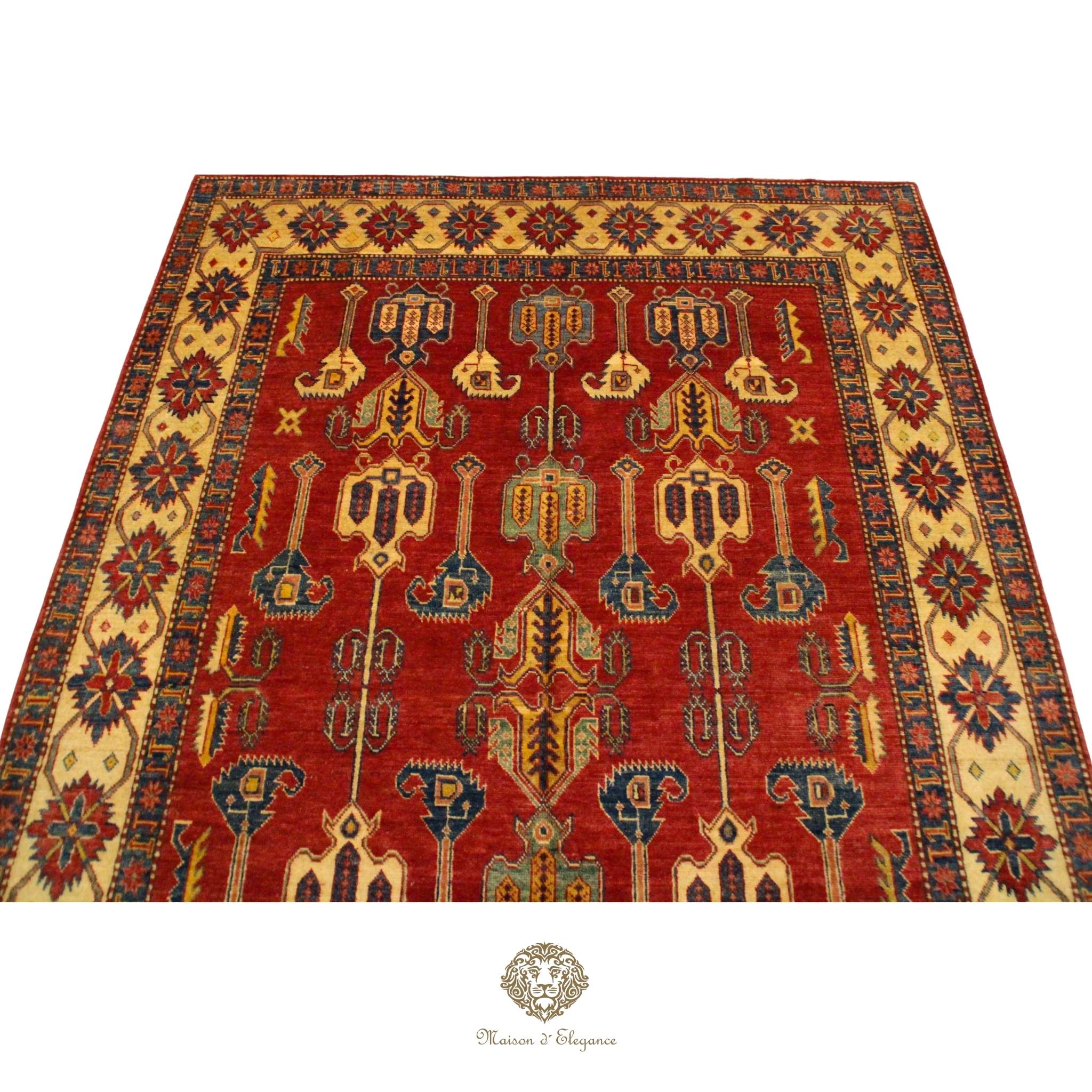 Decorative rug with intricate patterns on a Burgundy background