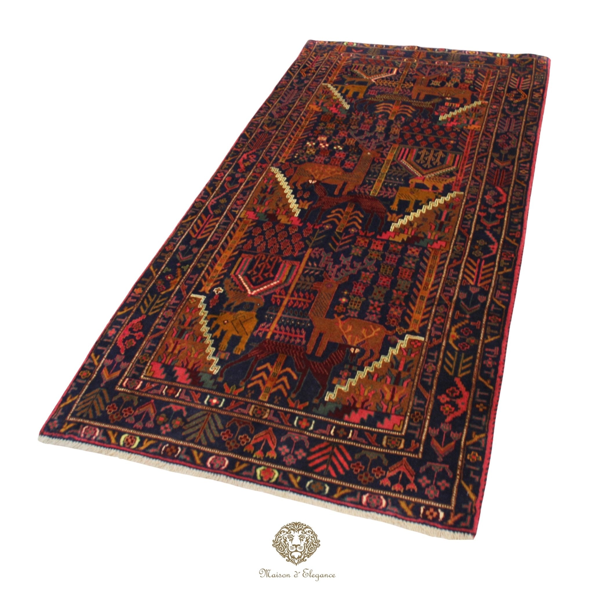 Decorative rug with animal patterns on a navy background