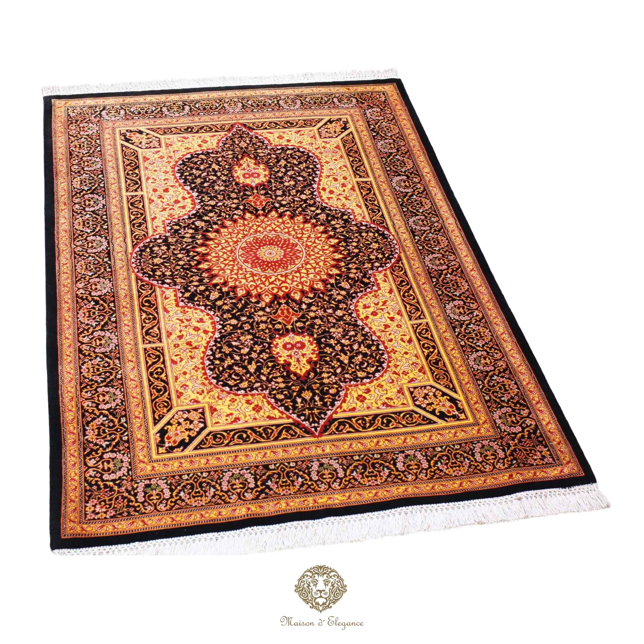 Alfombra persa exclusiva de seda pura, anudada a mano, teñida con tintes naturales, obra maestra con diseño de medallón, firmada, 97x150 cm