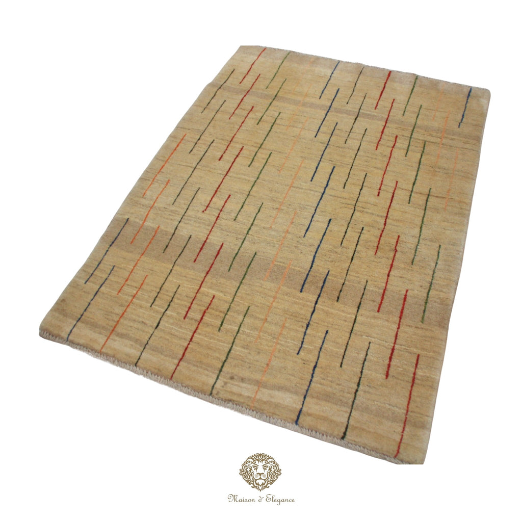 Beige rug with red and blue lines on a Ivory background