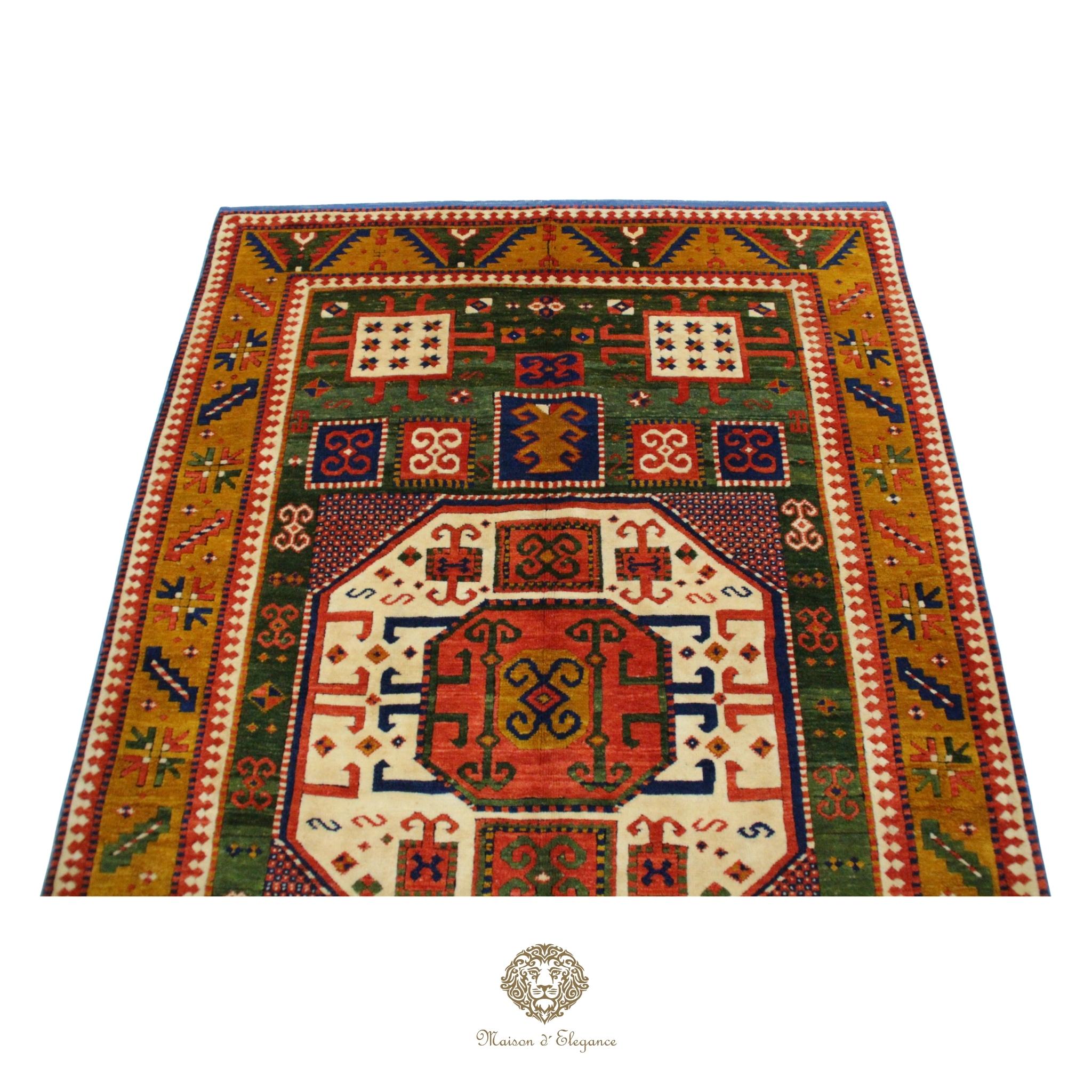 Decorative rug with intricate patterns on a Green background