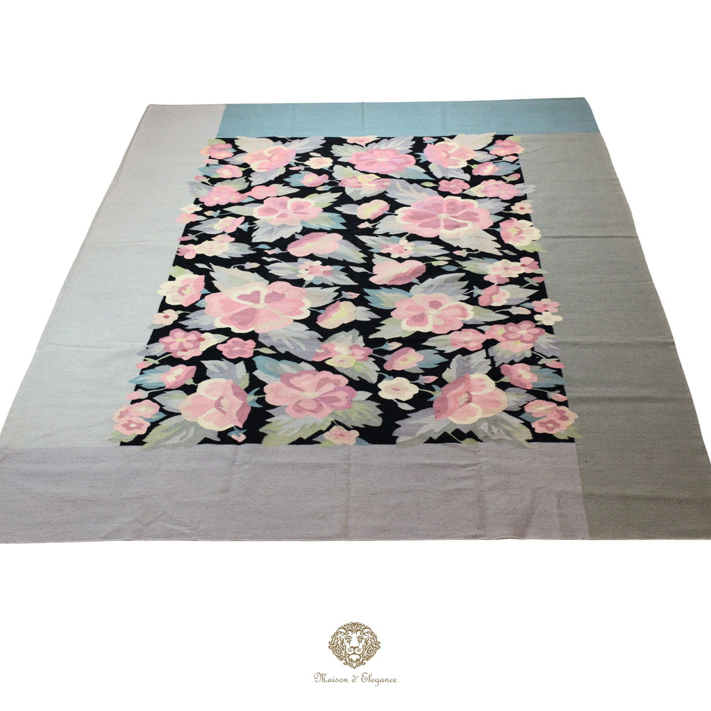 Alfombra Kilim fina, tejido plano, lana color natural | Diseño floral europeo, 270x361 cm