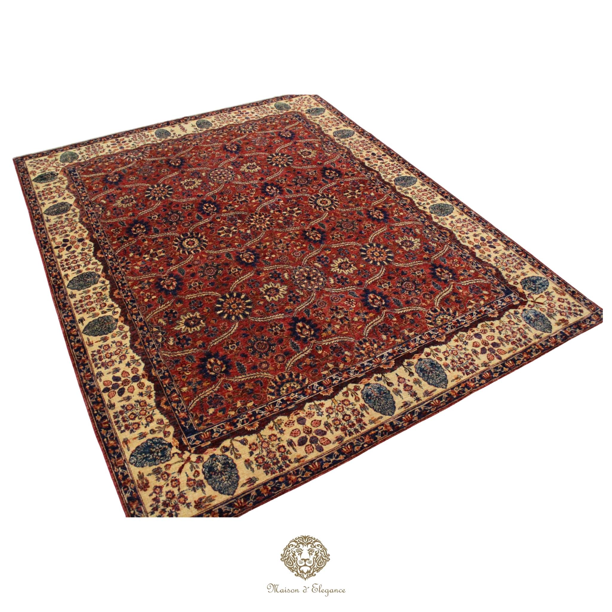 Decorative rug with intricate patterns on a red background