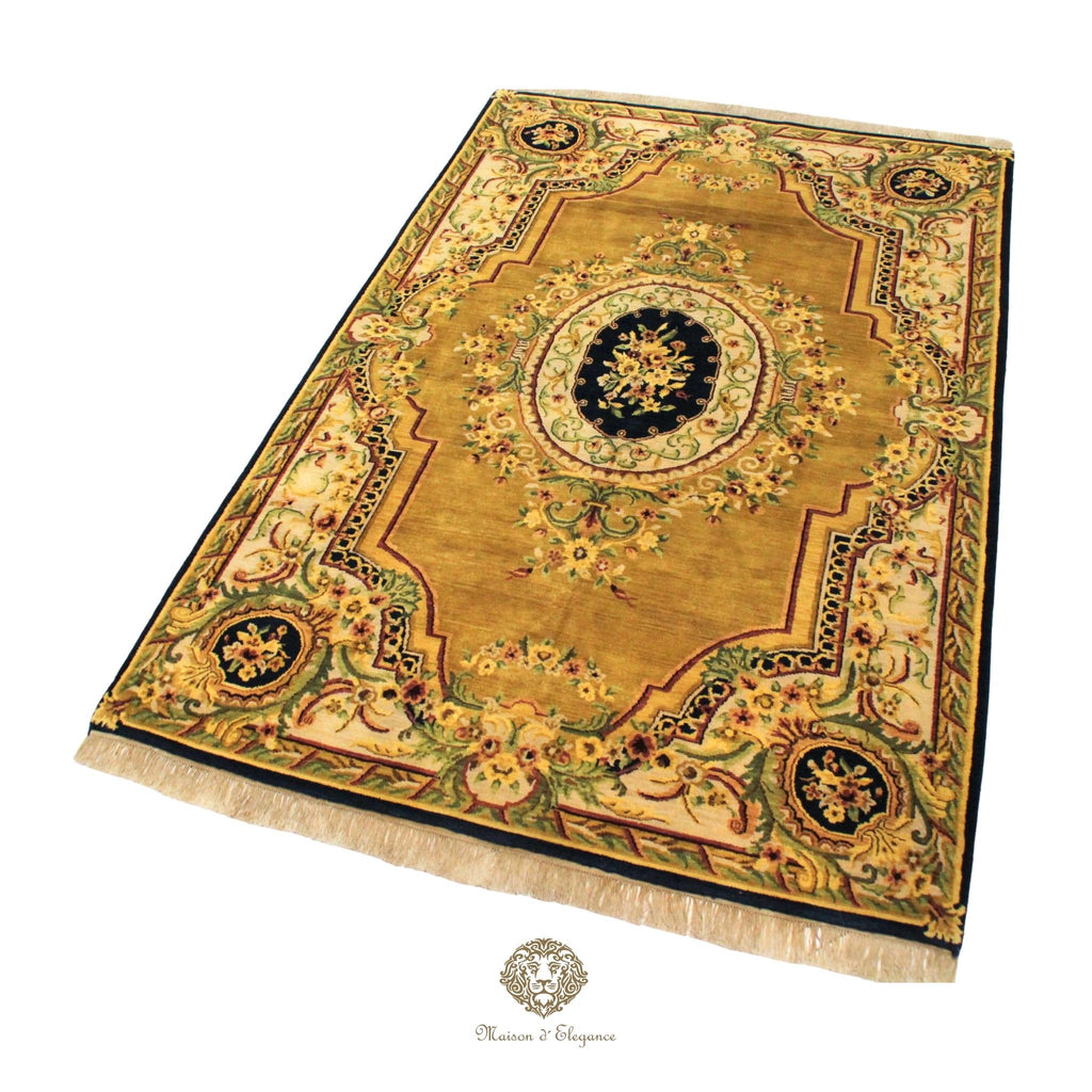 Decorative rug with intricate patterns on a brown background