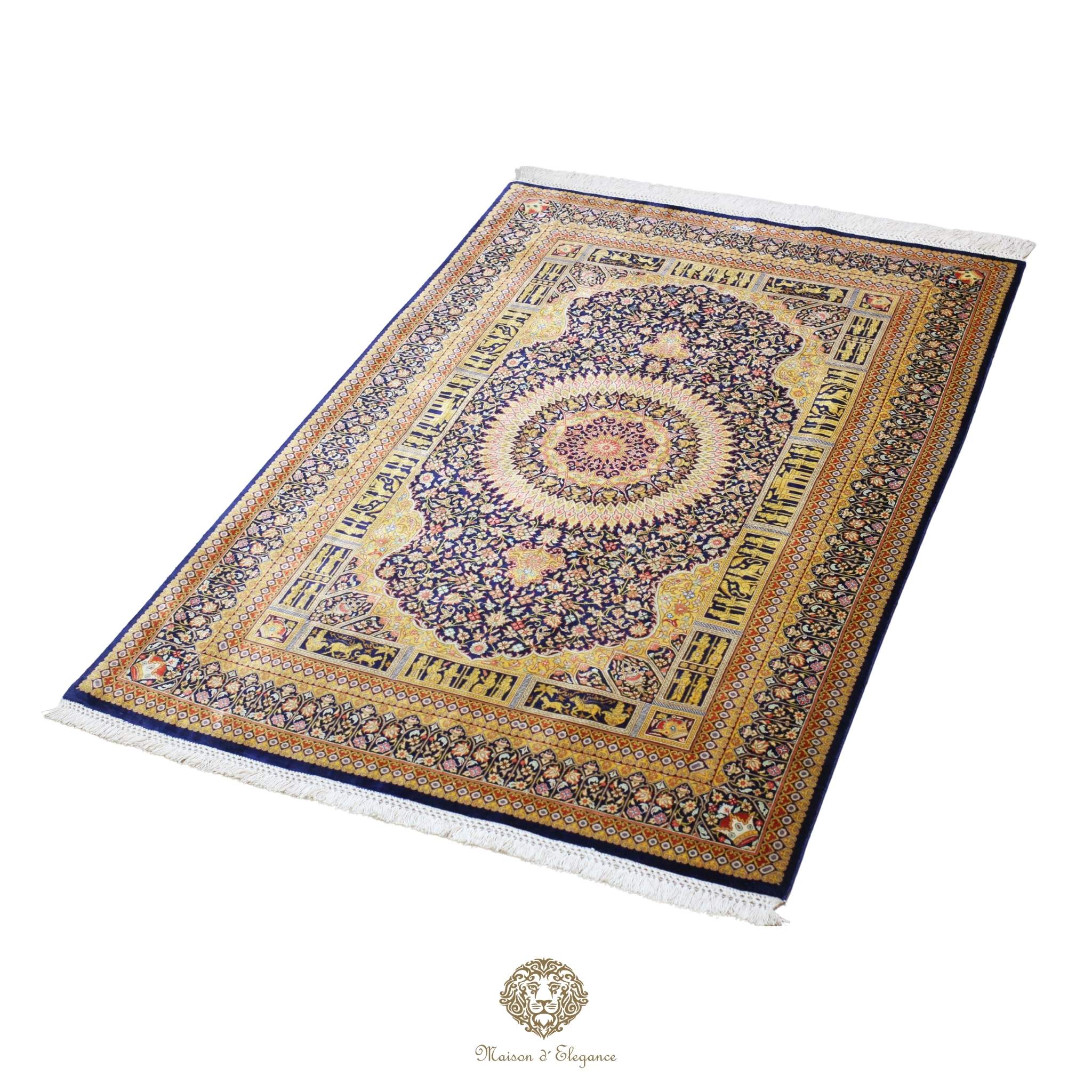 Alfombra persa exclusiva de seda pura, anudada a mano, teñida de forma natural, obra maestra de alta gama, firmada, 98 x 160 cm