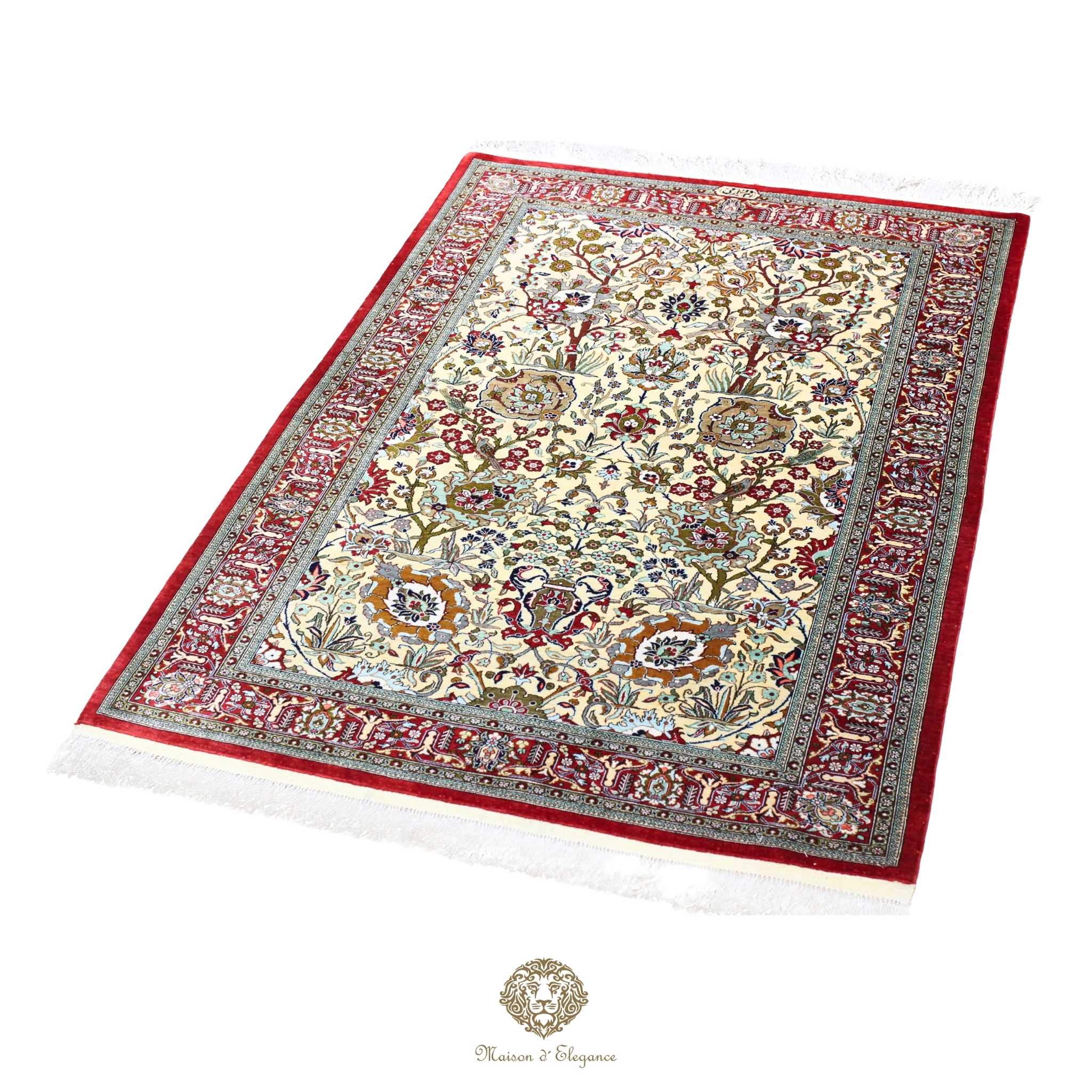 Alfombra persa de seda pura, anudada a mano, teñida con tintes naturales, | obra maestra con diseño floral integral, firmada, 105 x 156 cm.