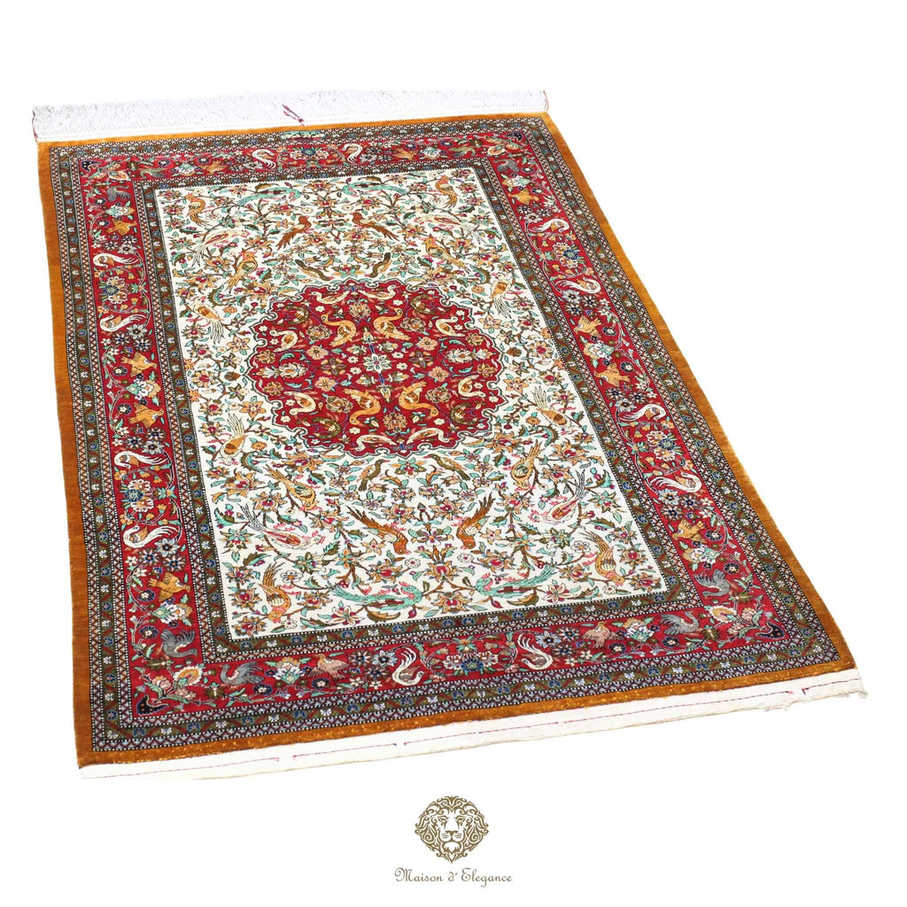Alfombra persa exclusiva de seda pura, anudada a mano, teñida de forma natural, obra maestra de alta gama, firmada, 102 x 168 cm