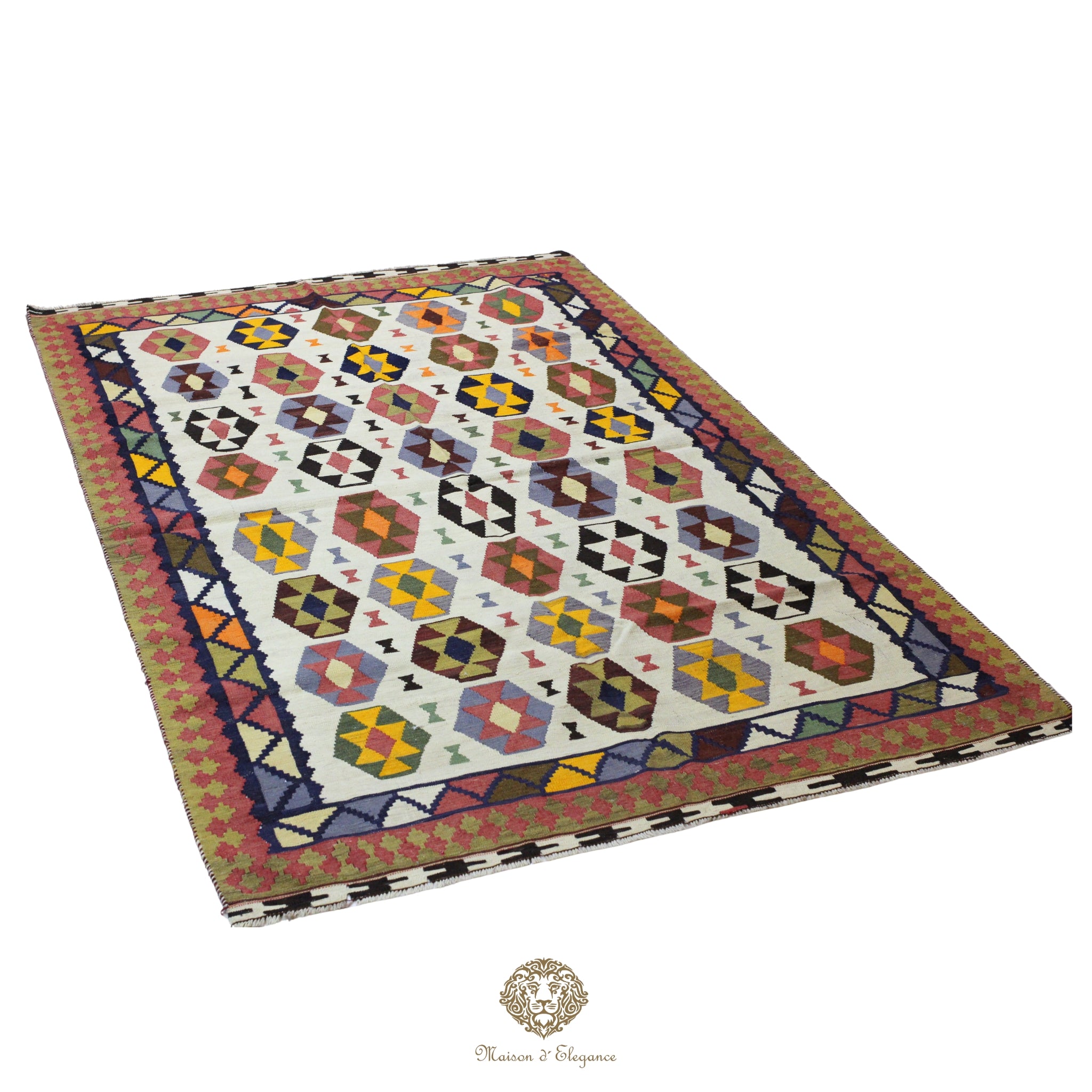 Alfombra Kilim Persa Qashqai Antigua Lana Natural Diseño Geométrico 163x258 cm