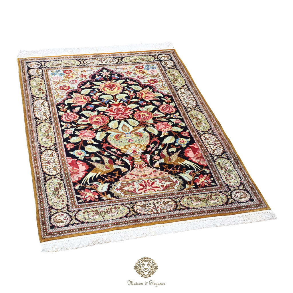 Alfombra persa exclusiva de seda pura - Obra maestra anudada a mano con tintes naturales, firmada, 105 x 157 cm, diseño de oración floral