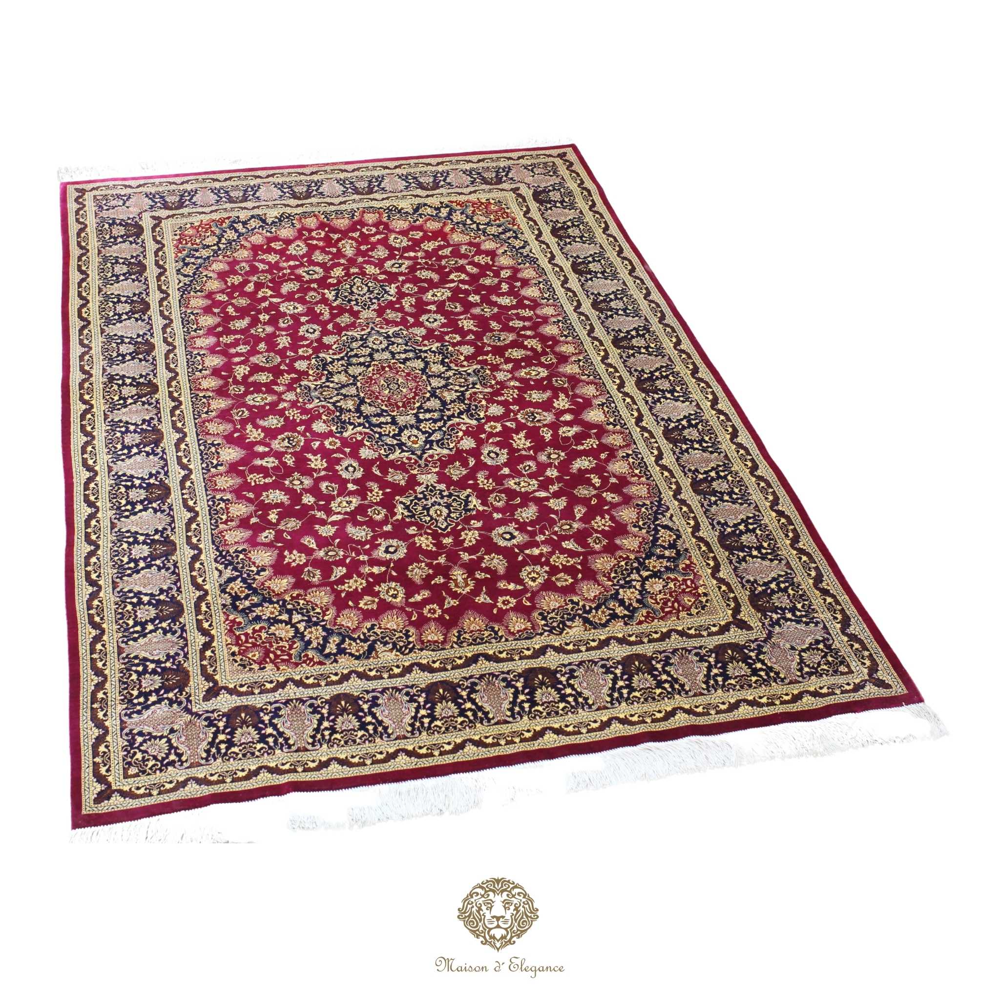 Alfombra persa exclusiva de seda pura, anudada a mano, teñida con tintes naturales, diseño de medallón sobre fondo rojo, obra maestra de alta gama, firmada, 128 x 210 cm.
