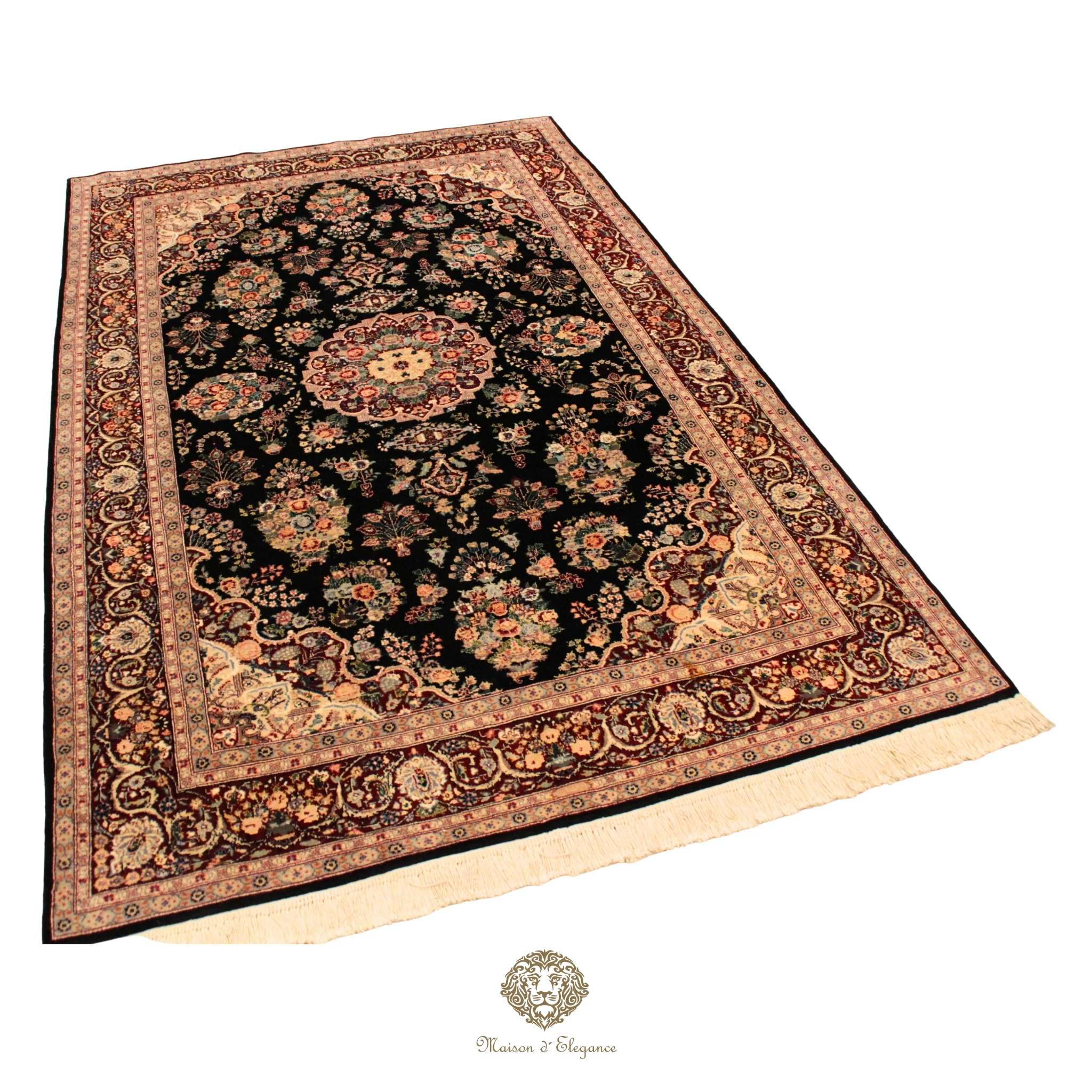 Decorative rug with intricate patterns on a Brown background