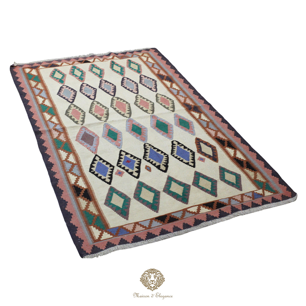 Alfombra Kilim Persa Qashqai Antigua Lana | Diseño Geométrico 126x201 cm