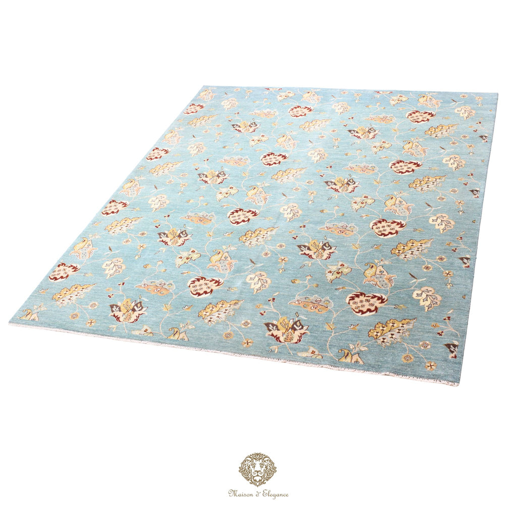 Alfombra de lana estilo Tabriz, superfina color azul marfil con diseño floral | Elegancia 240x308 cm