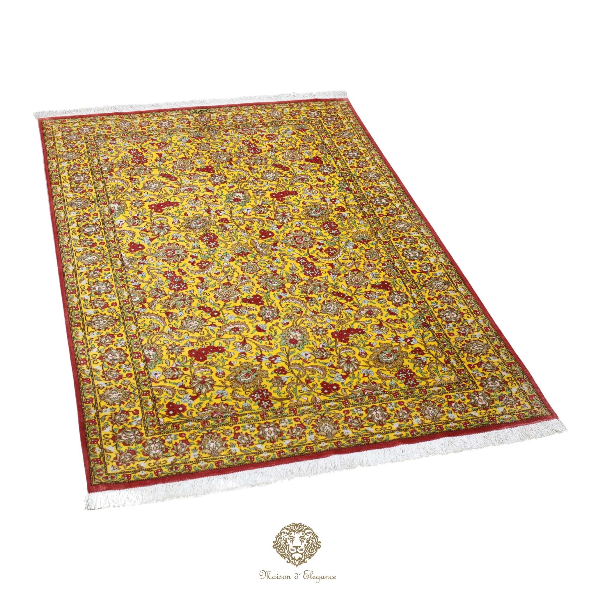Alfombra persa exclusiva de seda pura - Obra maestra anudada a mano con tintes naturales, firmada, 101 x 159 cm, diseño floral integral.