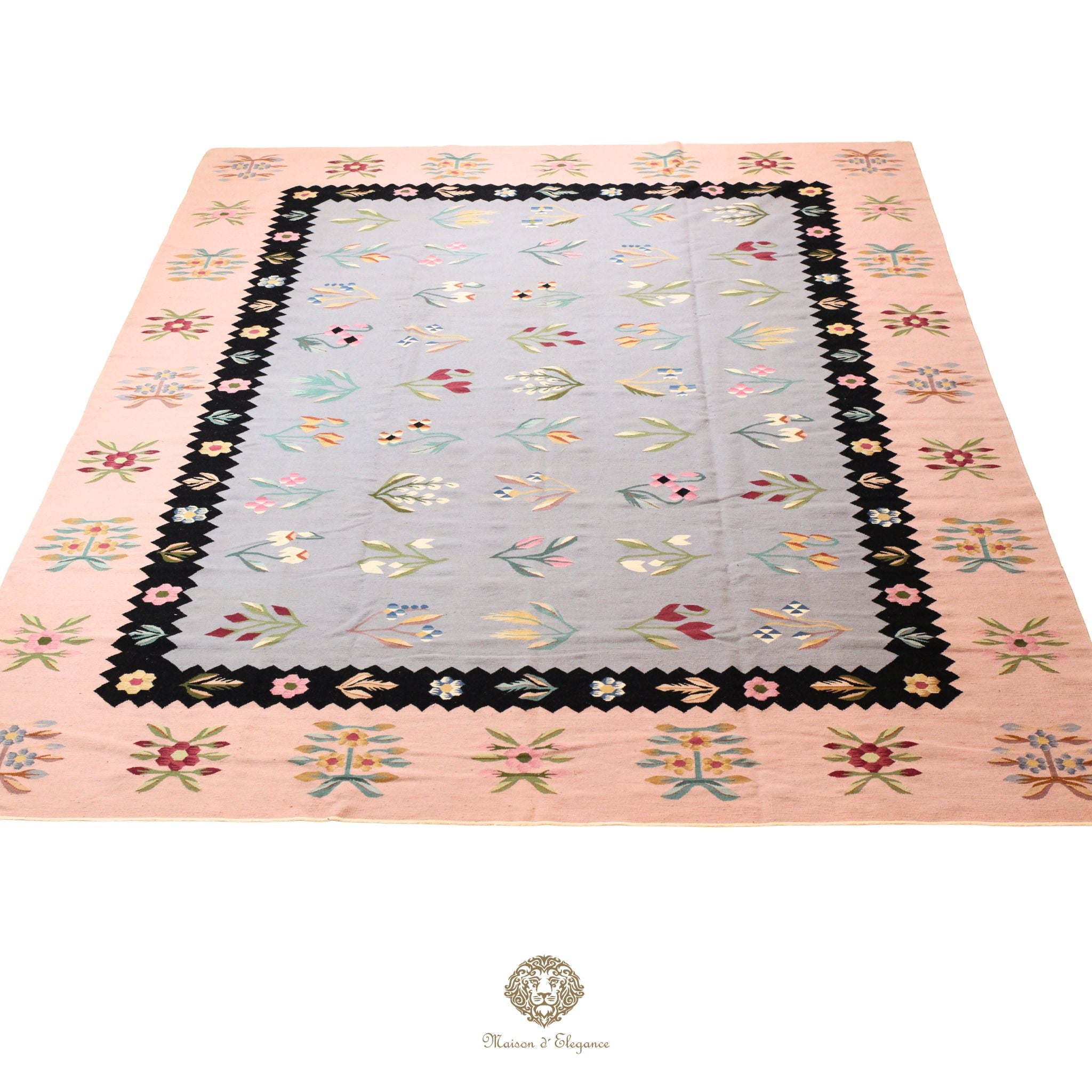 Alfombra Kilim fina, tejido plano, lana color natural | Diseño floral europeo, 281x387 cm