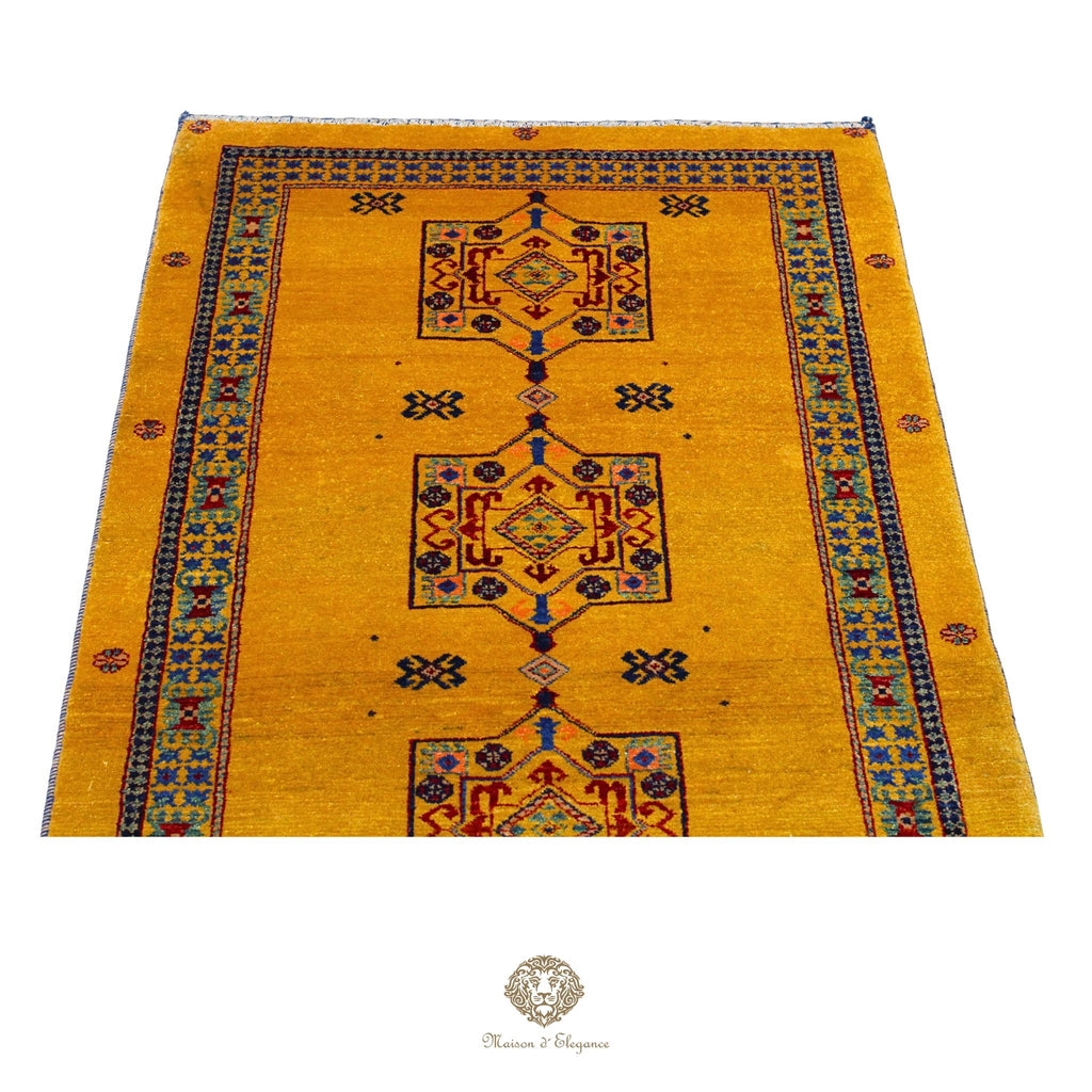 Alfombra persa Kashkuli amarilla tribal | Gabbeh de lana hecha a mano 87 x 160 cm