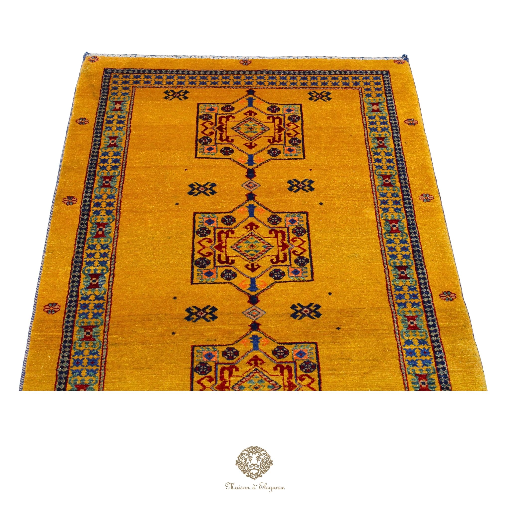 Alfombra persa Kashkuli amarilla tribal | Gabbeh de lana hecha a mano 87 x 160 cm