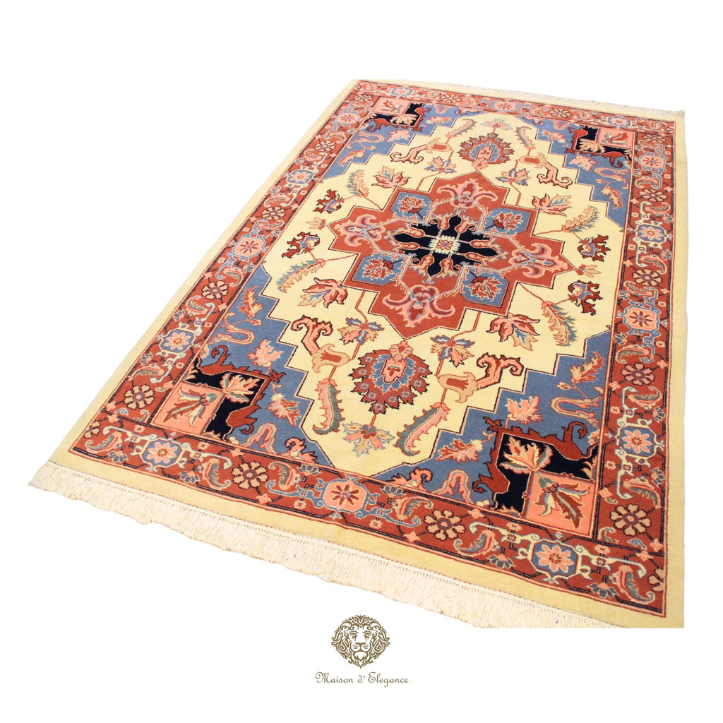 Decorative rug with intricate patterns on a Ivory background