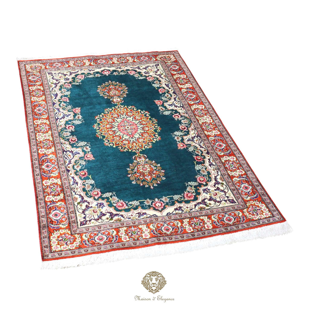 Alfombra persa exclusiva de seda pura, anudada a mano, teñida de forma natural, obra maestra de alta gama, firmada, 157 x 98 cm Turquesa