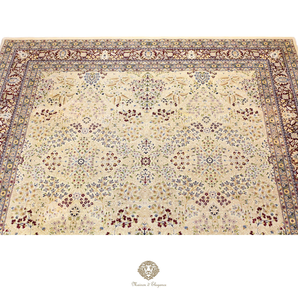 Alfombra de lana estilo Tabriz, superfina color verde marfil con diseño floral | Elegancia 278 x 304 cm