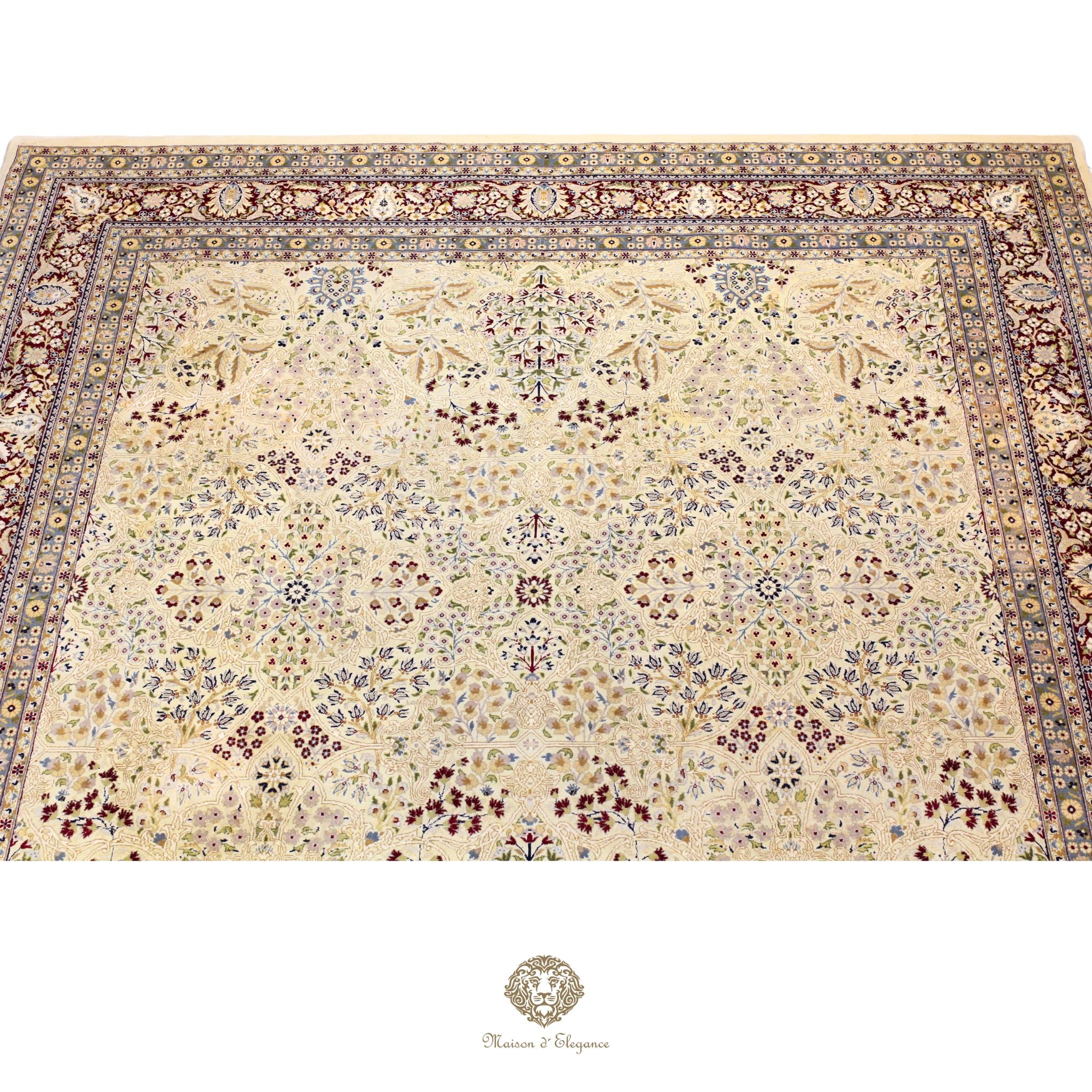 Alfombra de lana estilo Tabriz, superfina color verde marfil con diseño floral | Elegancia 278 x 304 cm