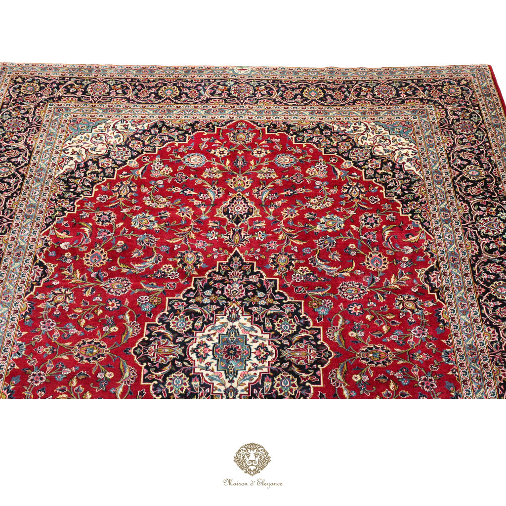 Impresionante alfombra clásica persa Kashan con diseño de medallón | Colores naturales vibrantes 300 x 395 cm