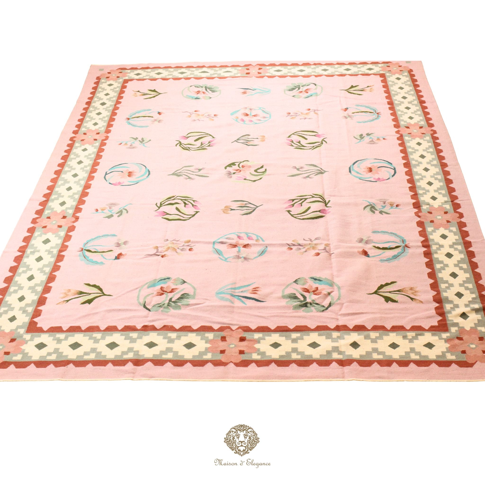 Alfombra Kilim fina, tejido plano, lana color natural | Diseño floral europeo, 274x365 cm Rosa