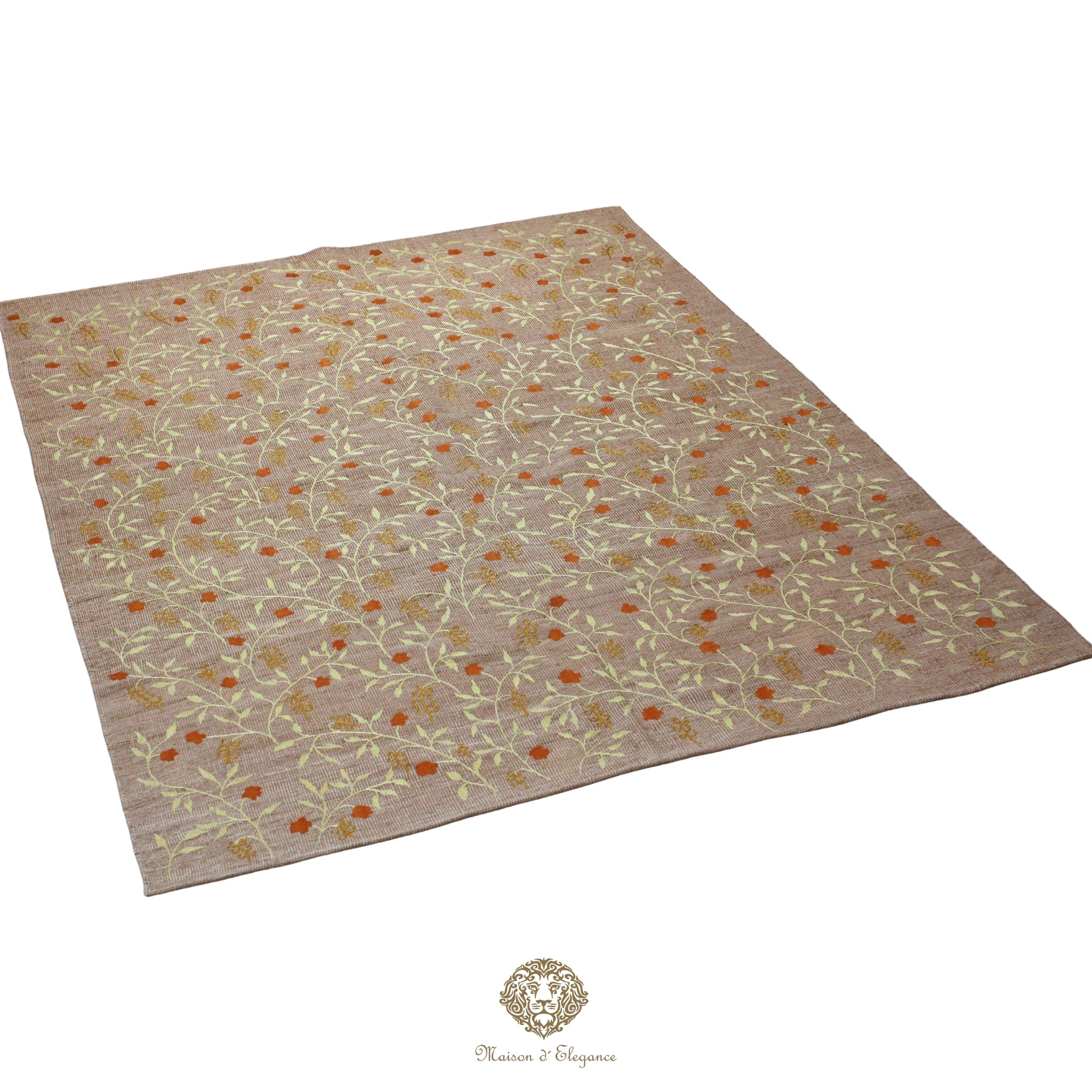 Beige rug with floral pattern on a gray background