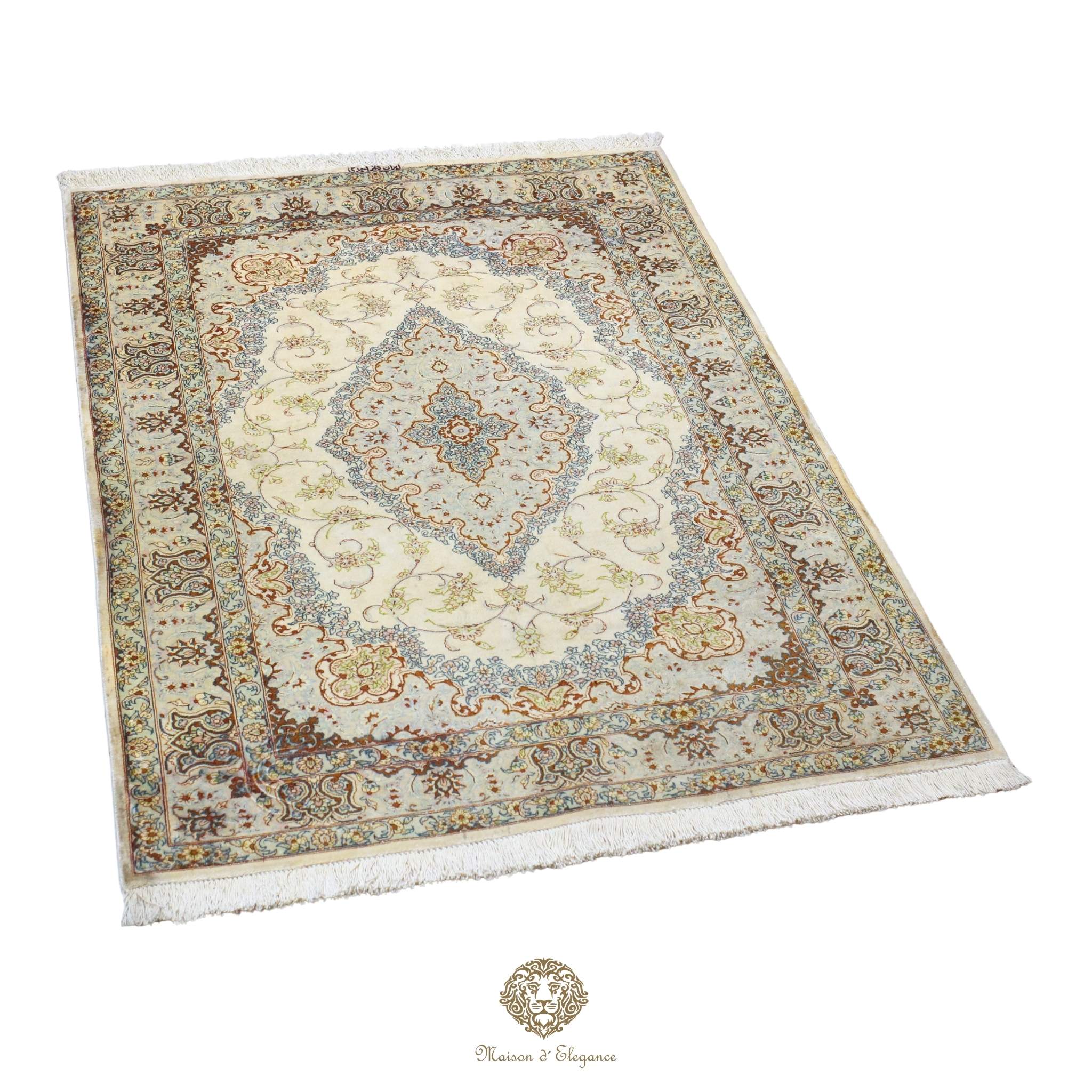 Alfombra persa exclusiva de seda pura, anudada a mano, teñida de forma natural, obra maestra de alta gama, firmada, 101 x 152 cm