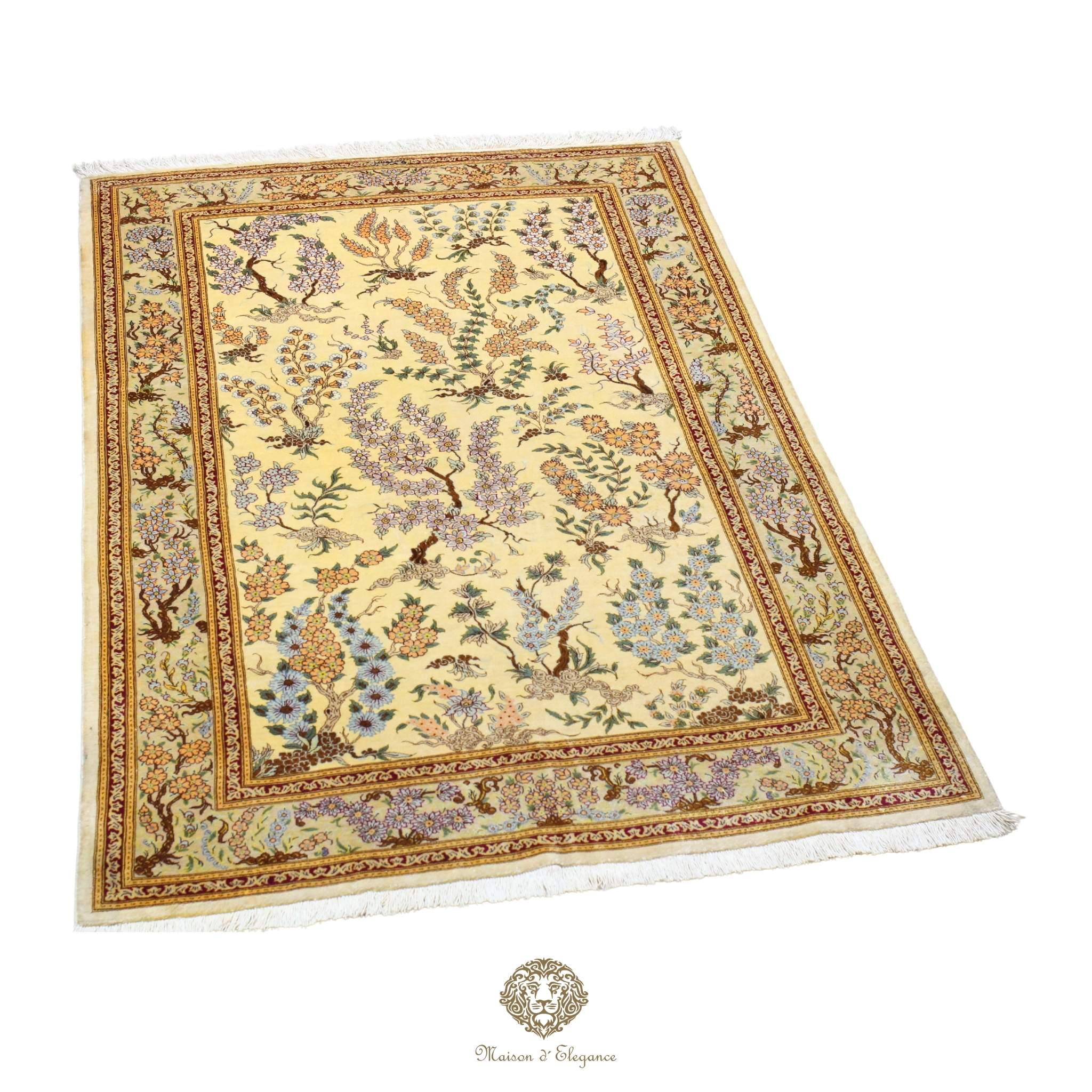 Decorative rug with intricate patterns on a white background