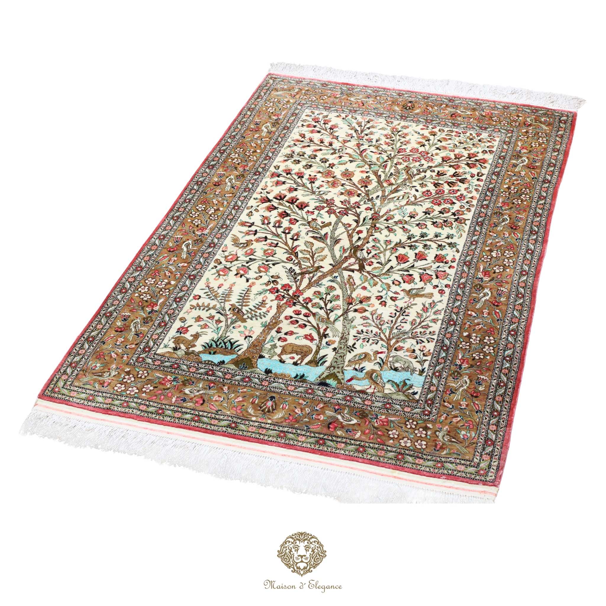 Alfombra persa exclusiva de seda pura - Obra maestra anudada a mano con tintes naturales, firmada, 106 x 156 cm, diseño del árbol de la vida