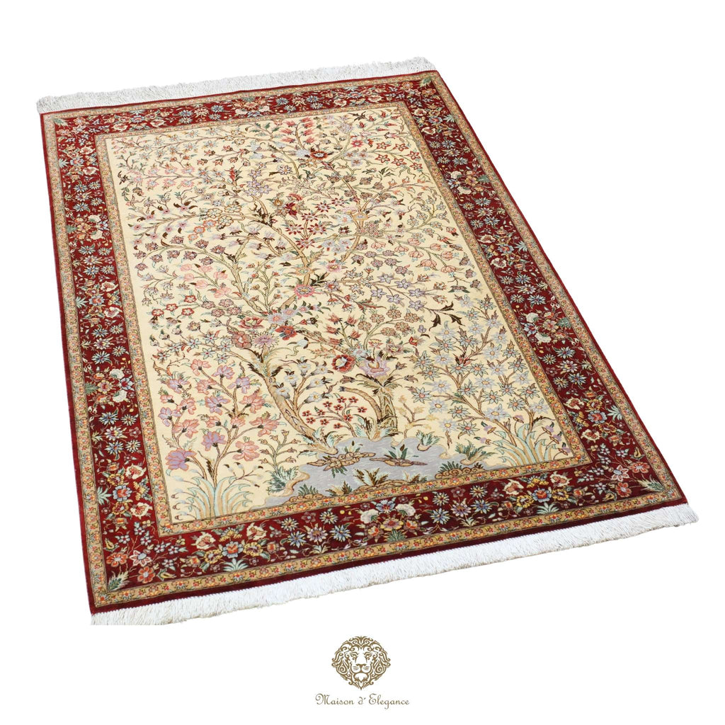 Alfombra persa exclusiva de seda pura - Obra maestra anudada a mano con tintes naturales, firmada, 99 x 154 cm, diseño del árbol de la vida