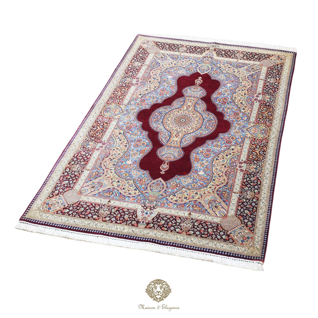 Alfombra persa exclusiva de seda pura, anudada a mano, teñida de forma natural, obra maestra de alta gama, firmada, 98 x 160 cm