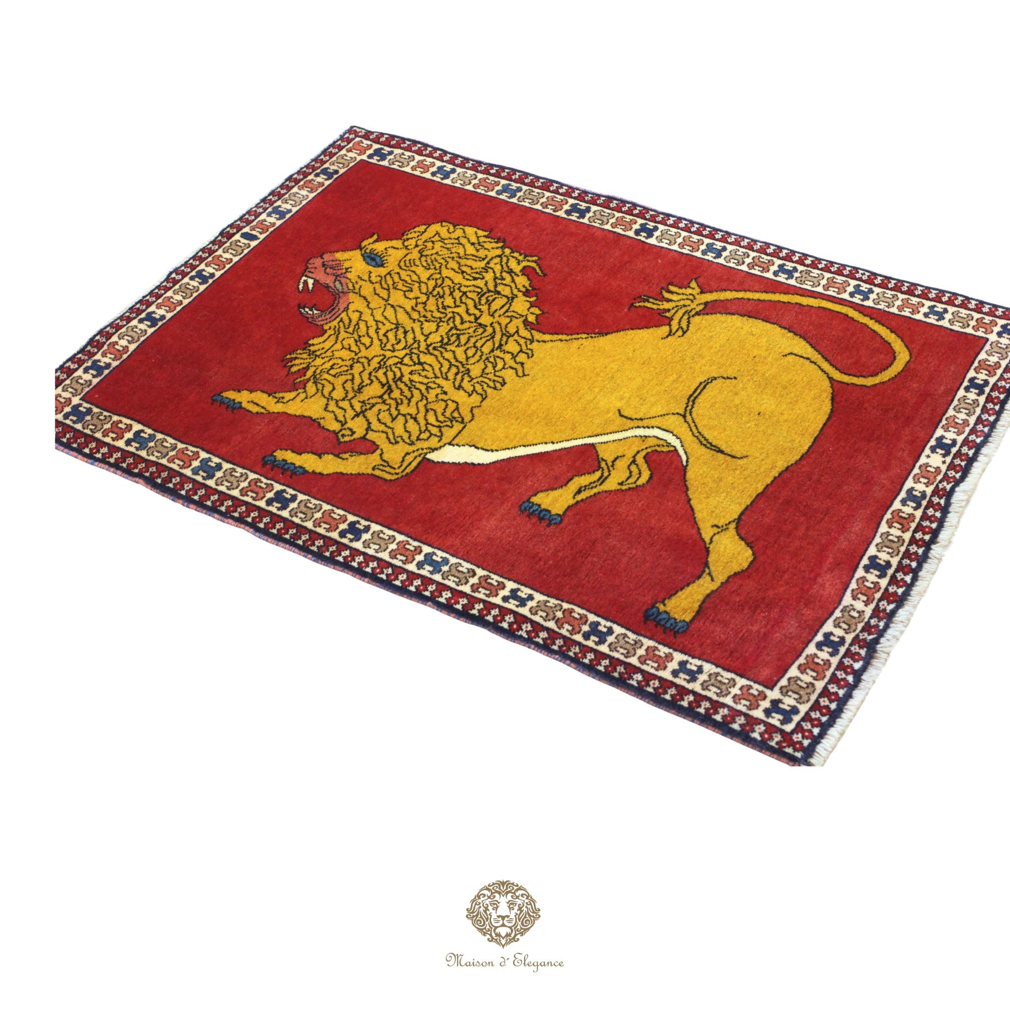 Alfombra persa Yalameh con diseño tribal de león, teñida con tintes naturales | Hecha a mano, 89 x 136 cm