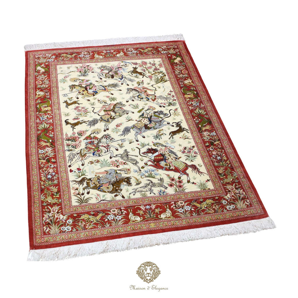 Alfombra persa exclusiva de seda pura - Obra maestra anudada a mano con tintes naturales, firmada, 98 x 156 cm, diseño de caza.