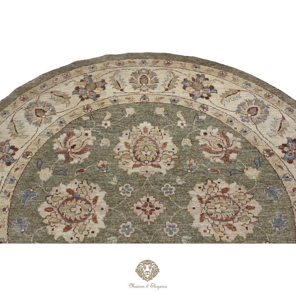 Alfombra Persa Redonda Kashan Anudada a Mano | Lana Verde con Diseño Floral 200x200 cm diametro