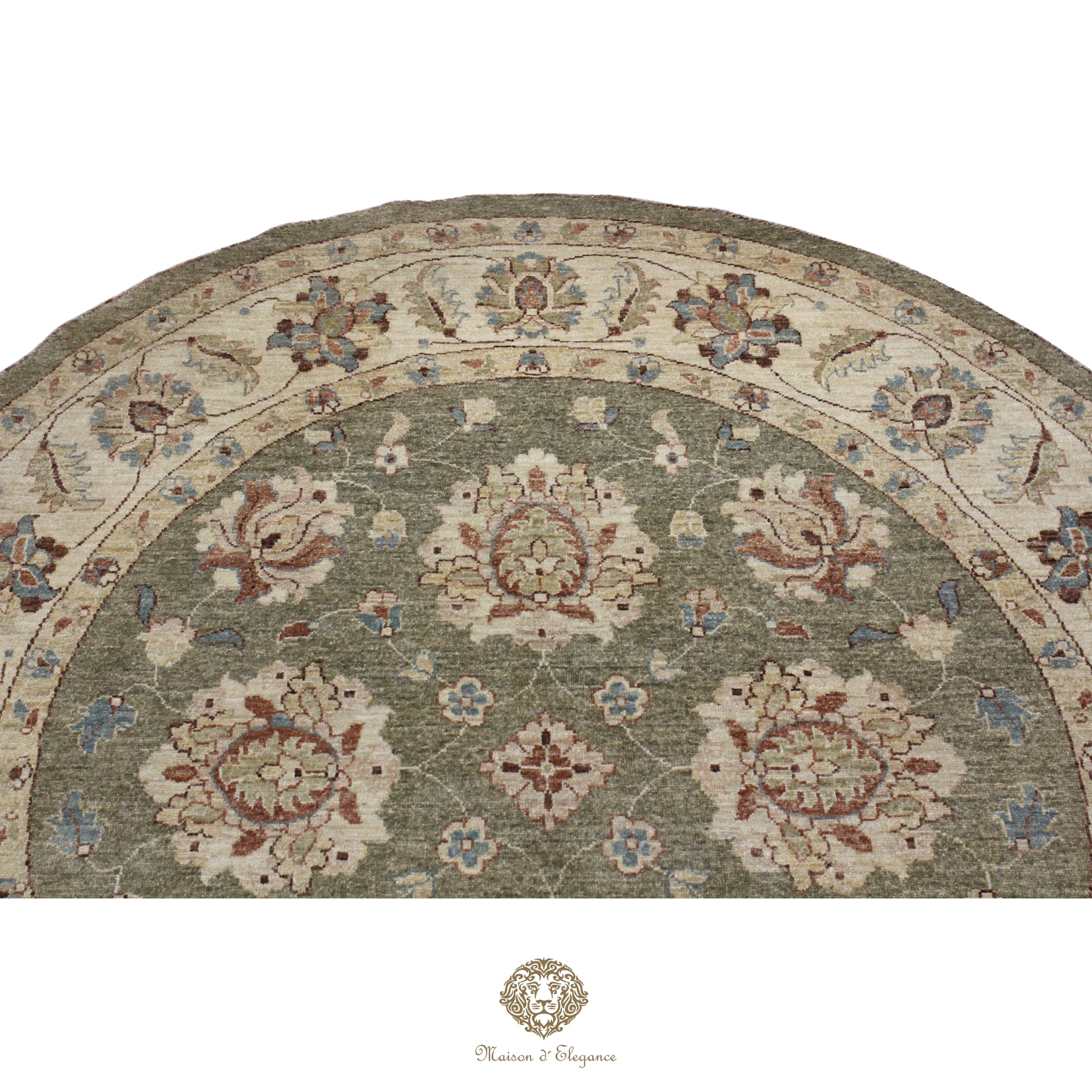 Alfombra Persa Redonda Kashan Anudada a Mano | Lana Verde con Diseño Floral 200x200 cm diametro