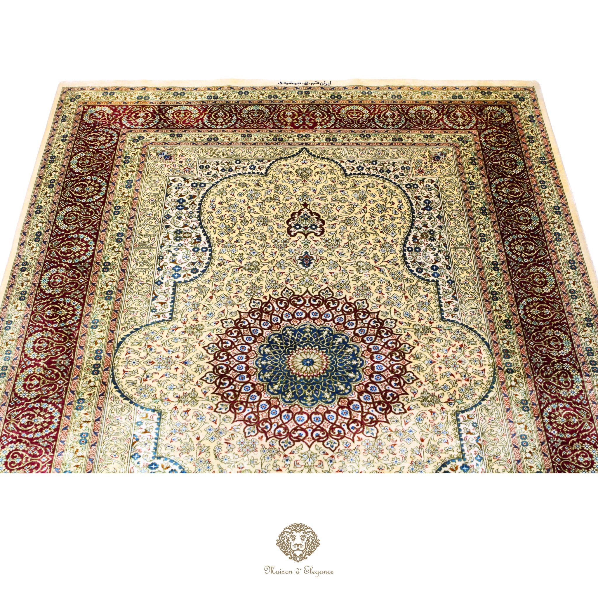 Alfombra persa exclusiva quom de seda pura | Obra maestra anudada a mano con tintes naturales, firmada, 133x196 cm, diseño medalion