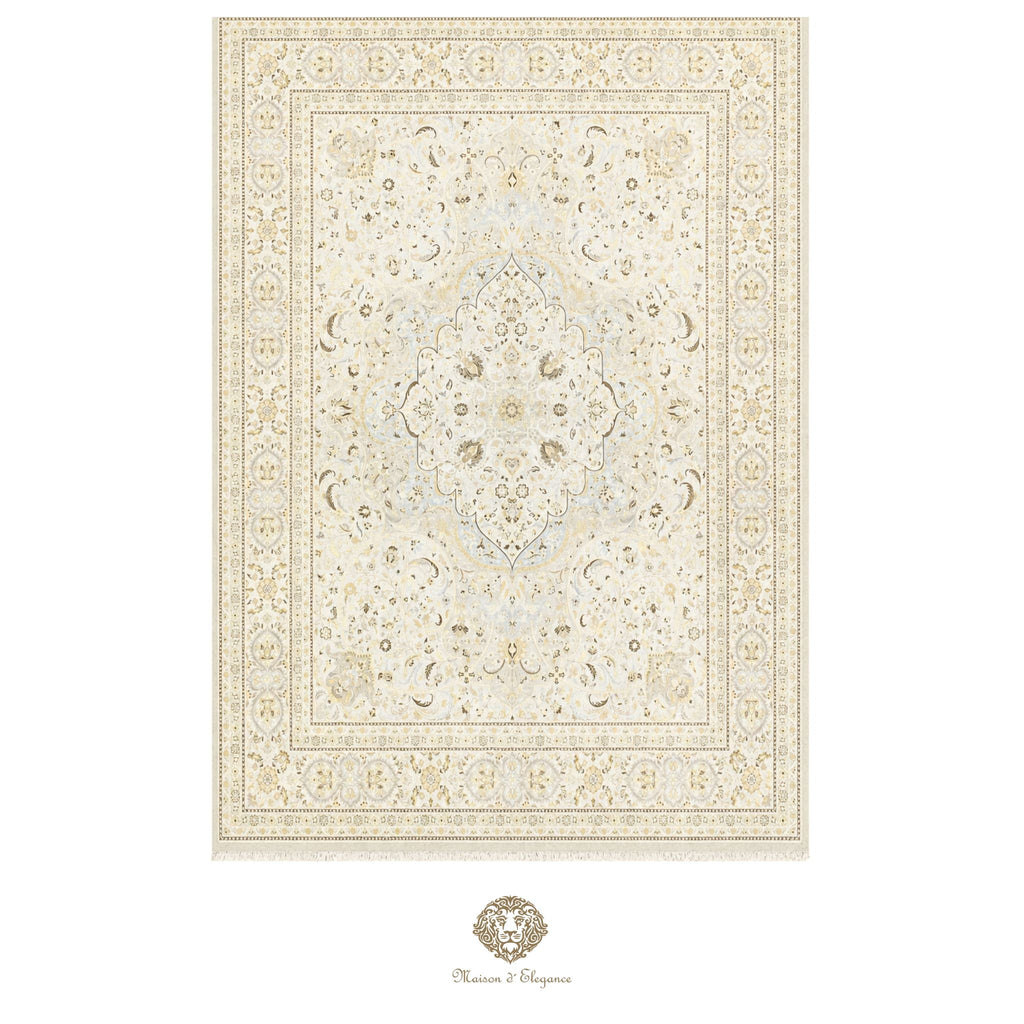 Decorative rug with intricate patterns on a gray background