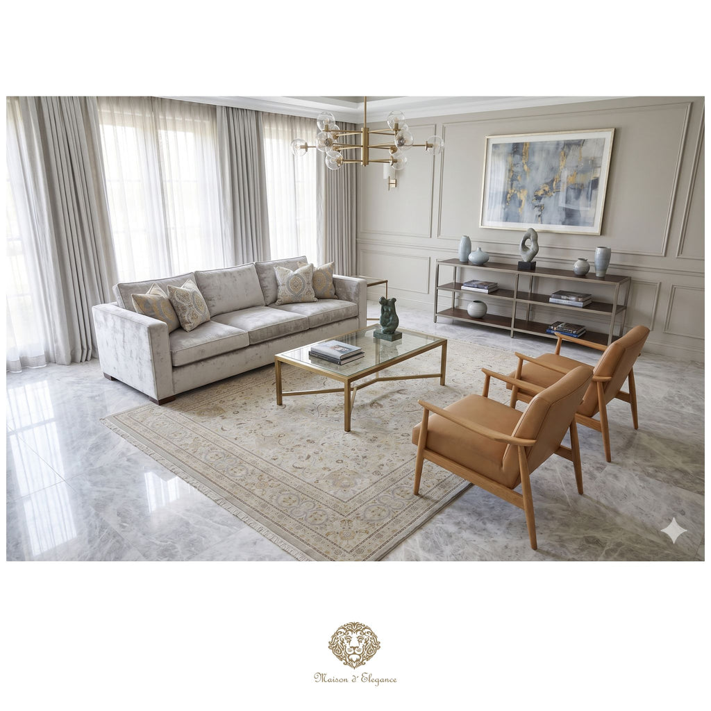 Modern living room with beige sofa, wooden chairs, and marble floor.
