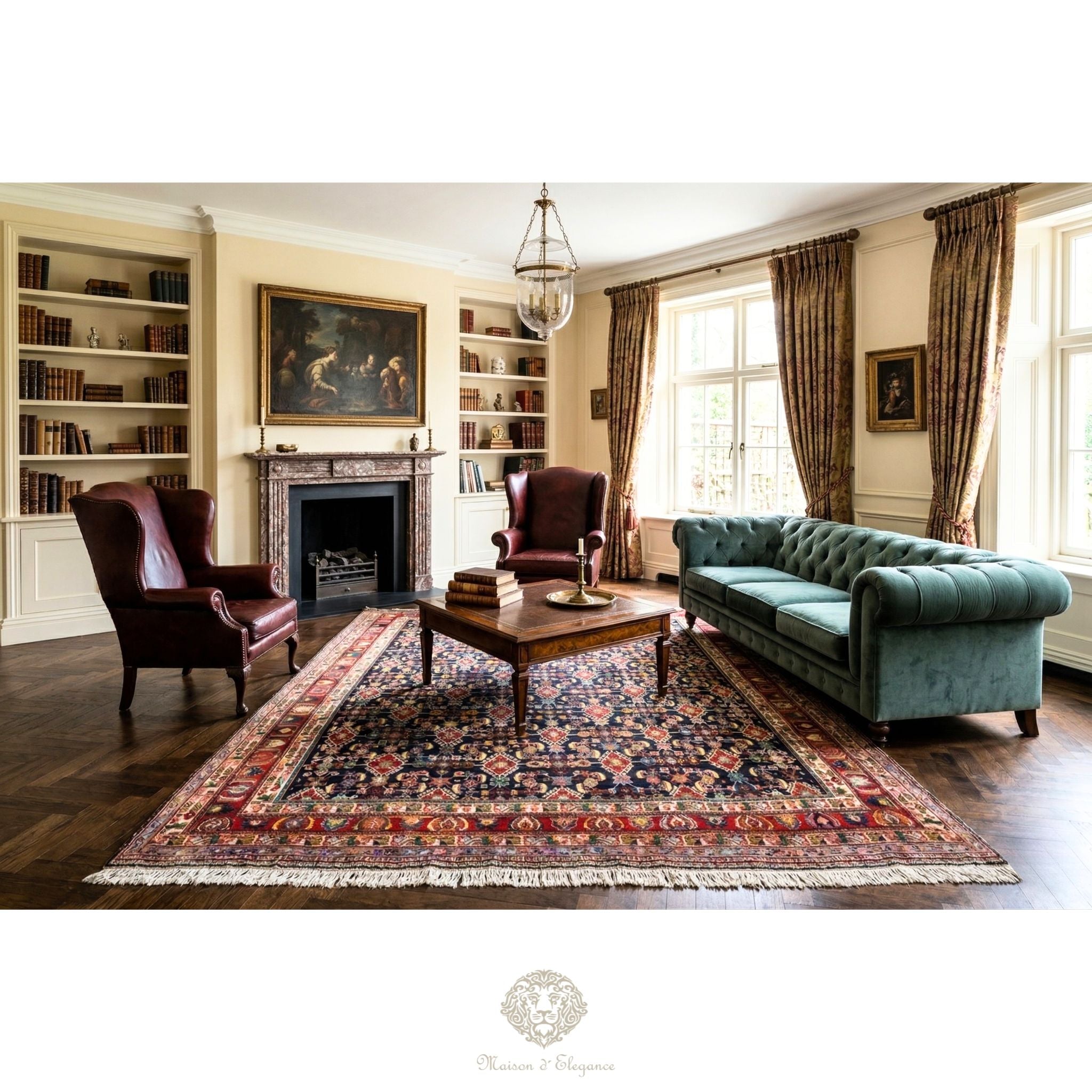 Living room with a teal sofa, wooden coffee table, and armchairs.