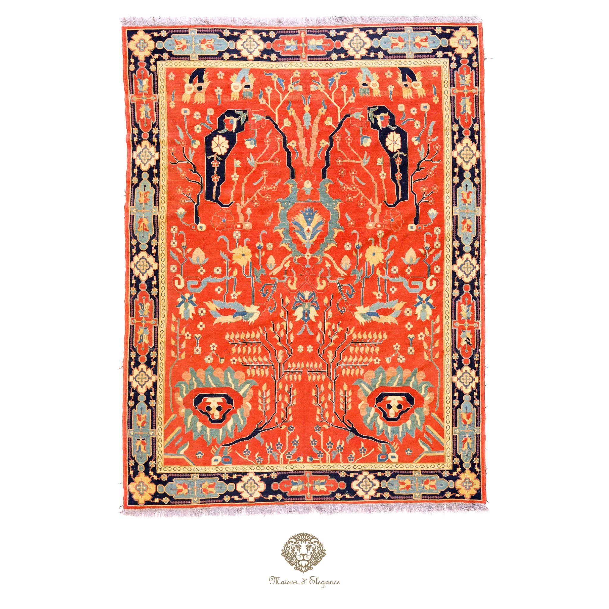 Decorative rug with intricate patterns on a red background