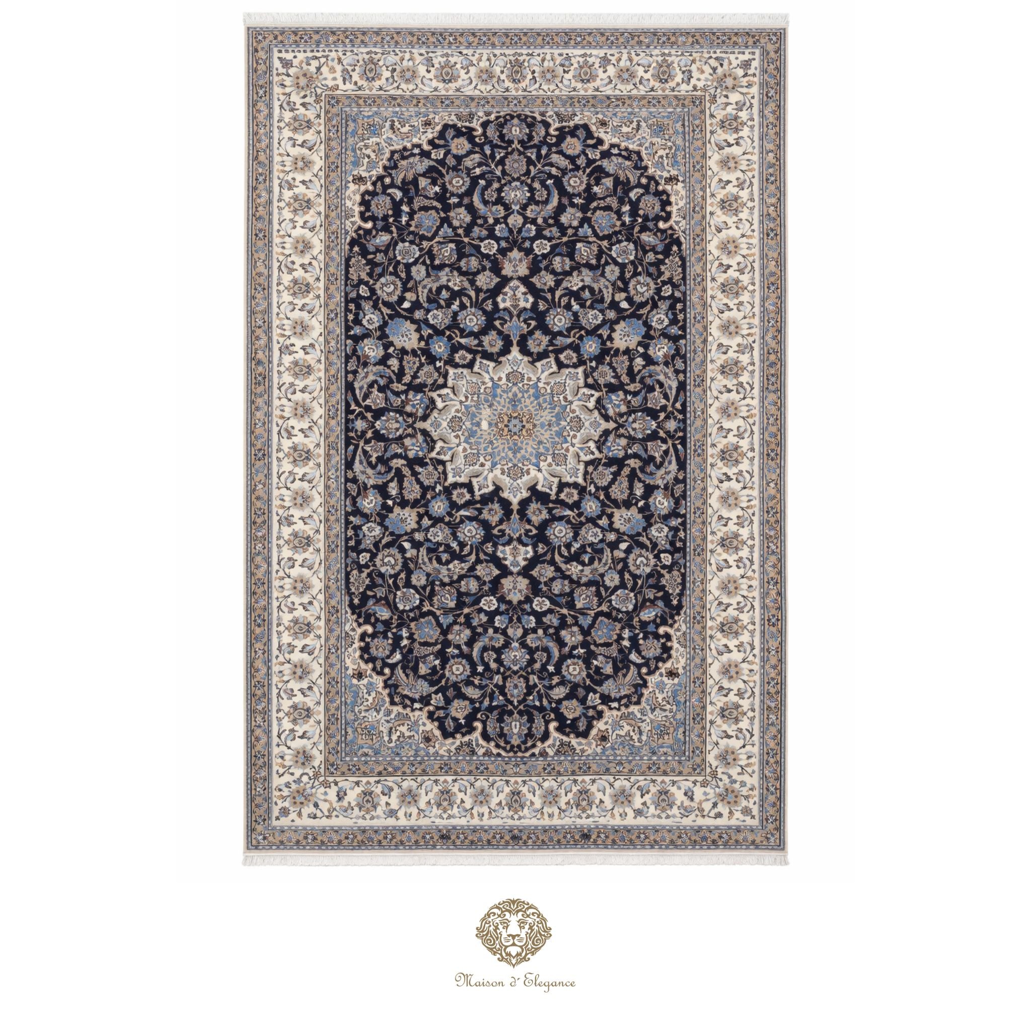 Decorative rug with intricate patterns on a white background