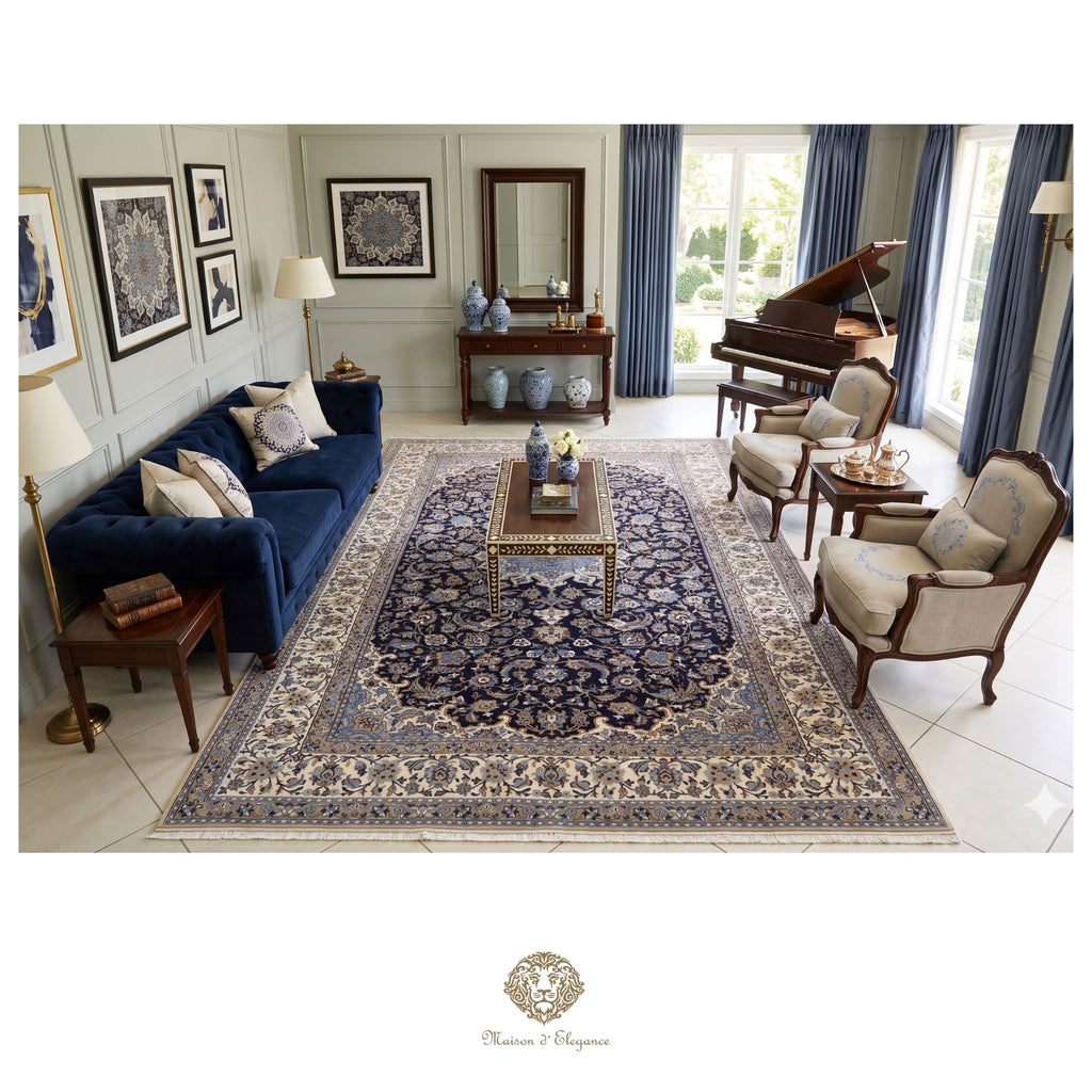 Luxurious living room with a blue sofa, patterned rug, and grand piano.